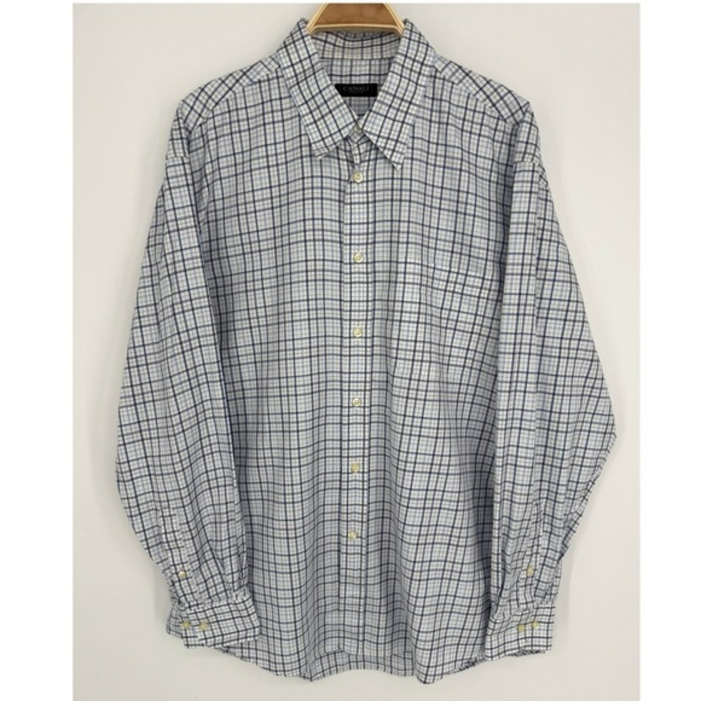 Canali Plaid Button Down Shirt Size XL‎ Blue White Cotton Italian Luxury Office